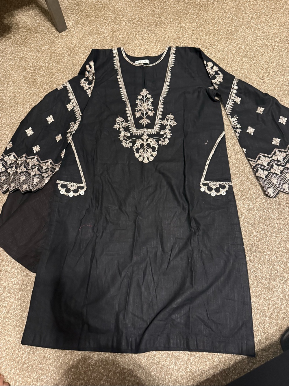 Black Long Sleeve Embroidered Dress with Ivory Floral Detail